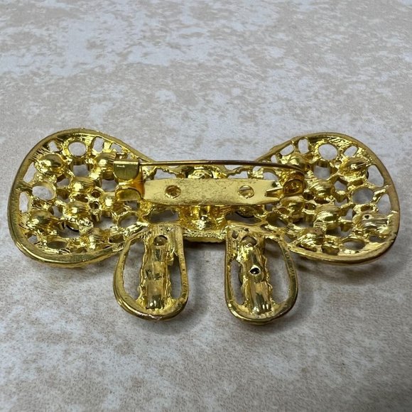 Vintage Bow Brooch Green Rhinestones Gold Tone - Picture 4 of 5